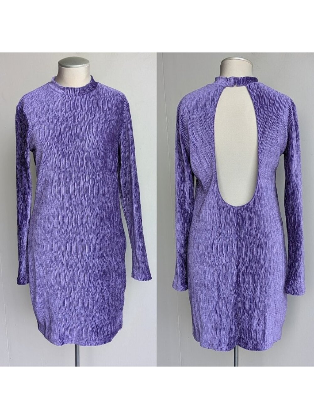 Purple crinkled velvet textured open back long sleeve dress
